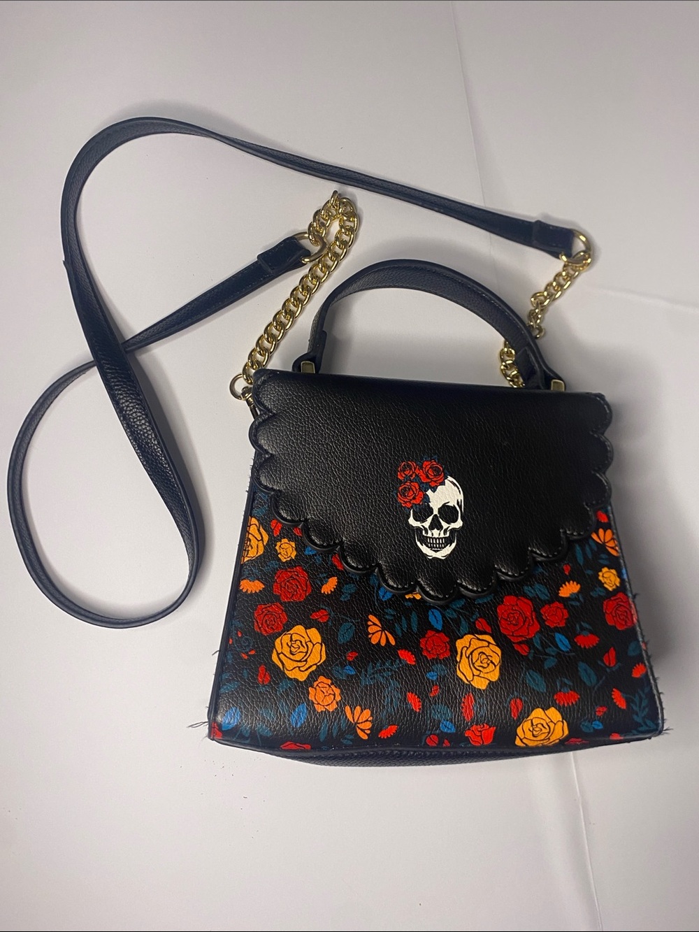 Black Floral Skull Mini Crossbody Bag with Gold Chain